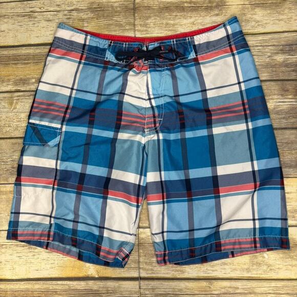 Old Navy Red White Blue Plaid Mesh Lined  Knee Length Swim Trunks Sz L - Picture 1 of 9